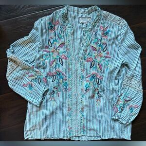 Johnny Was Workshop Boho embroidered striped floral blouse T op size XS